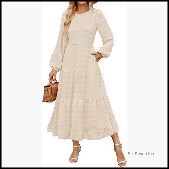 Dresses & Skirts - Long Sleeve Maxi Dress Swiss Dot Tiered Flowy A Line Wedding Cocktail Party